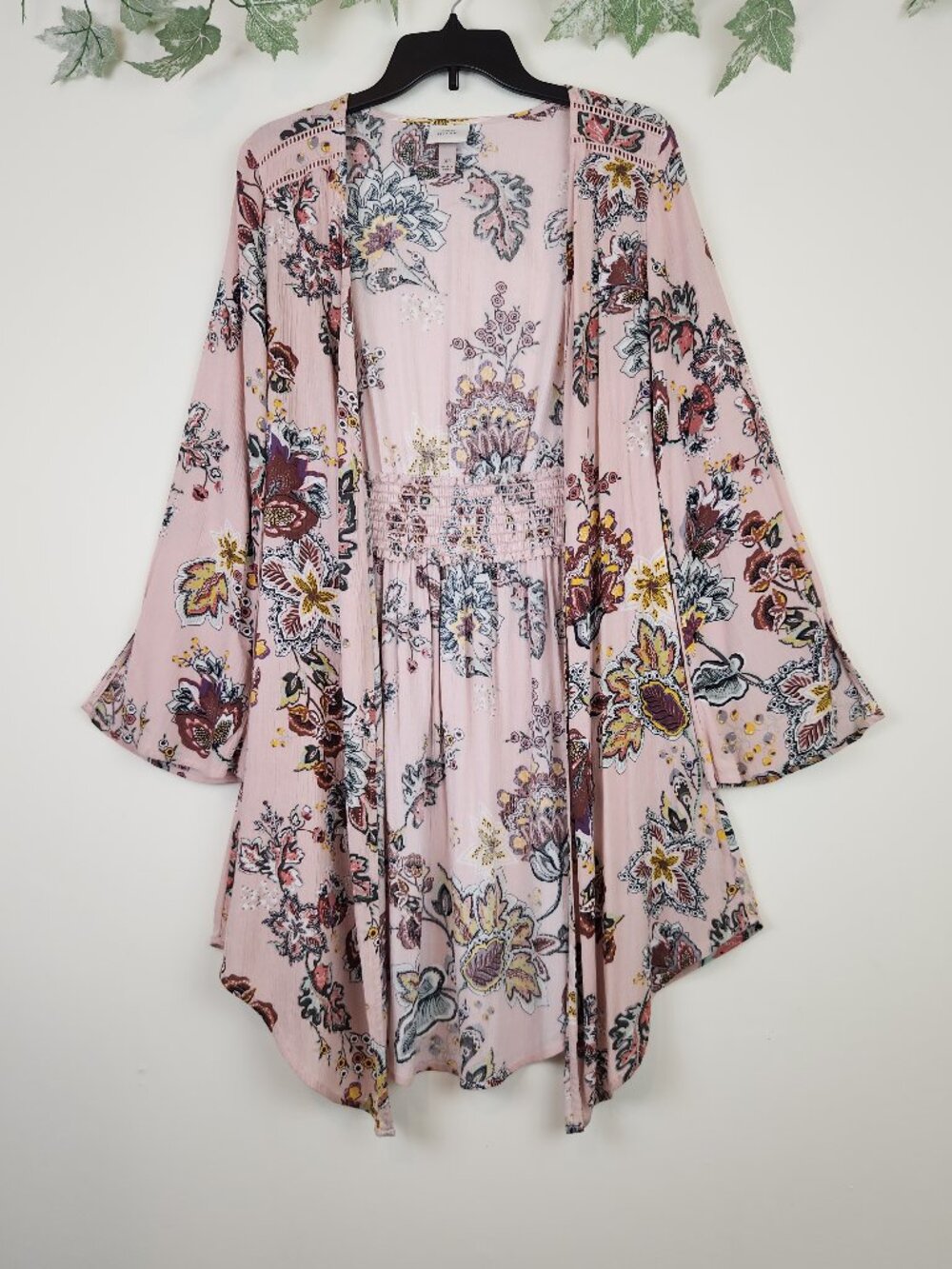 Knox Rose XS Pink Floral Boho Long Sleeve Open Front Duster Kimono Cardigan